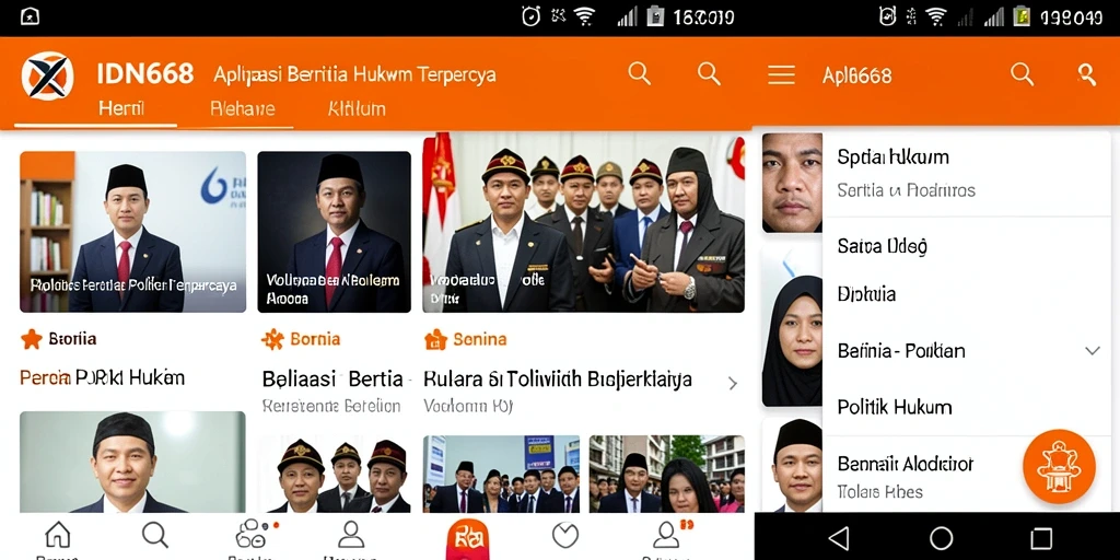 Antarmuka aplikasi IDN668 yang menampilkan berita politik dan hukum.